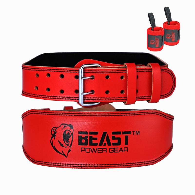 Beast Power Gear Weight Lifting Belt - 4â€ Genuine Leather Belts Padded Lower Back Support for Gym Bodybuilding Squat Deadlift Weightlifting Cross Strength Training Men Women Free Wrist Wrap - Image 1